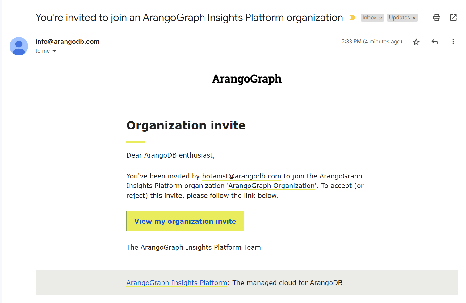 ArangoGraph Organization Invite Email